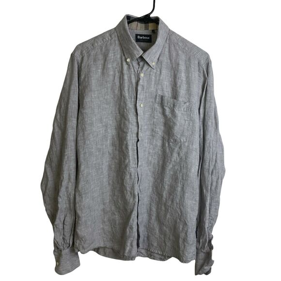 Barbour Dress Tartan Linen Shirt Mens Large Gray Check Cuff Kenneth Button Up - Picture 2 of 12